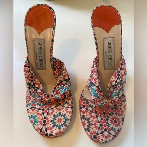 Jimmy Choo thong wedge sandals. Orange leather cutout design 37.5 - 7  / 7.5 US